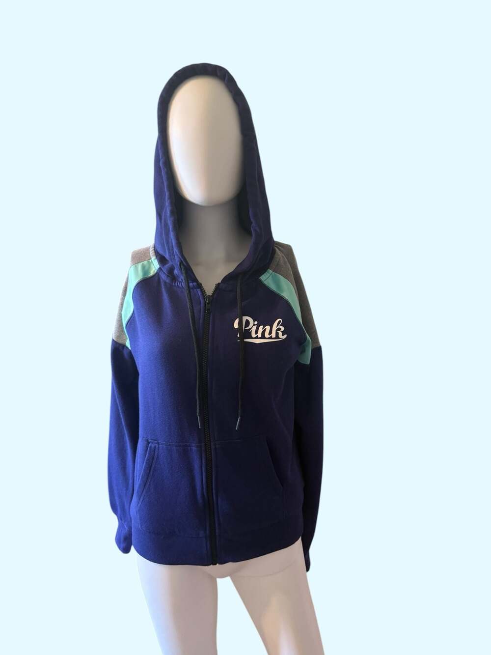 Victoria's Secret PINK Blue Colorblock Full Zip Logo Hoodie Size S